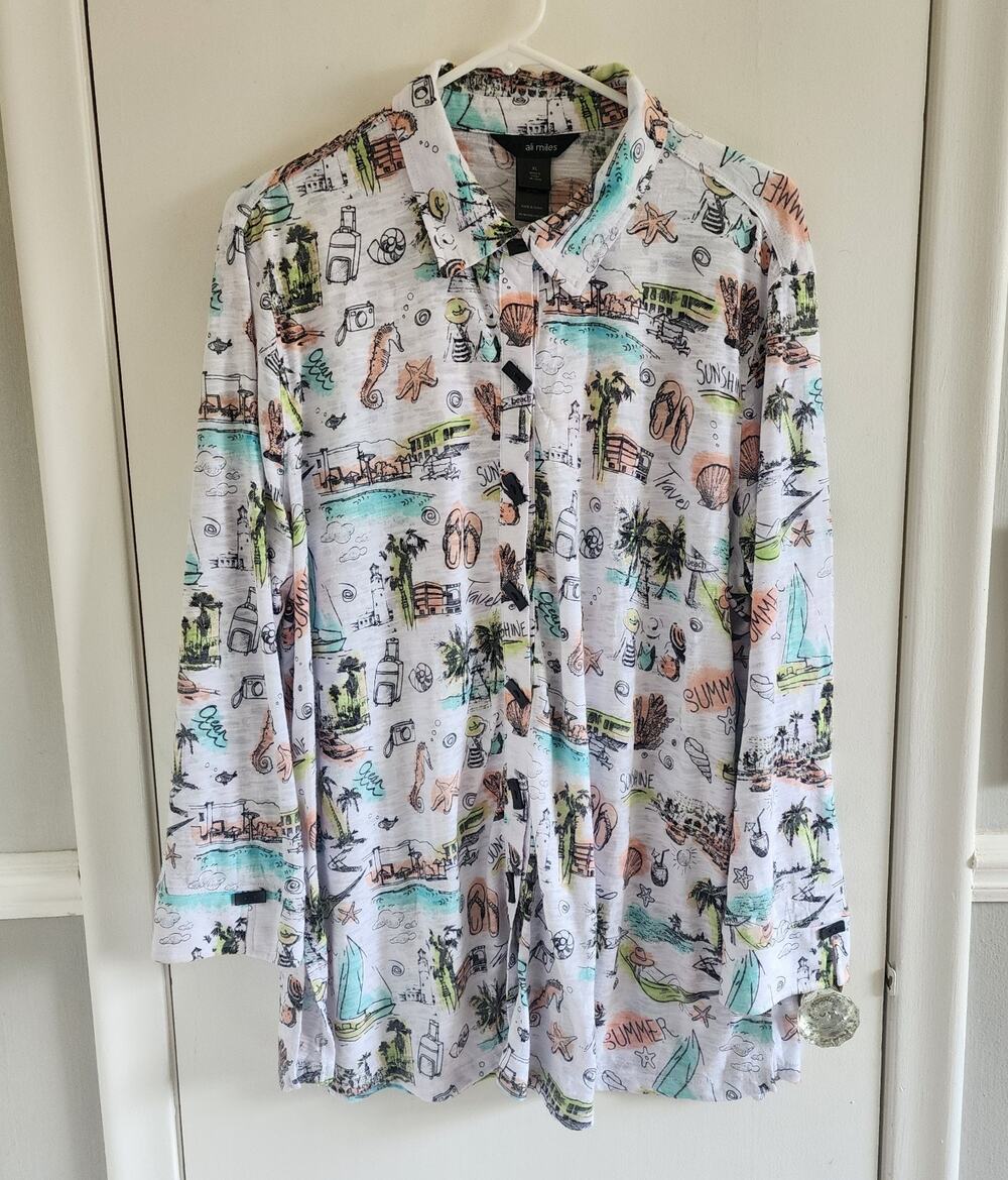 Ali Miles Button Down Shirt XL Women's Stretch Travel Seahorse Artsy Coastal